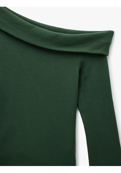 Koton Pamuklu Slim Fit Uzun İspanyol Kollu Omzu Açık Tişört Haki 6wak50039ek Haki