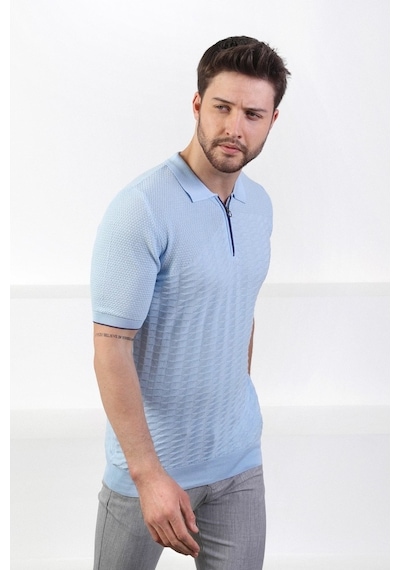 Ferraro Mavi Polo Yaka Fermuarlı Erkek Pamuk Triko T-Shirt-Mavi (417942096) Mavi