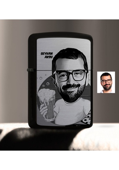 Kişiye Özel Şerefe Karikatürlü Benzinli Siyah Metal Çakmak - 1