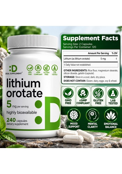 Deal Supplement Lithium Orotate Asily Absorbed Mineral 5mg, 240 Caps - Lityum Takviyesi