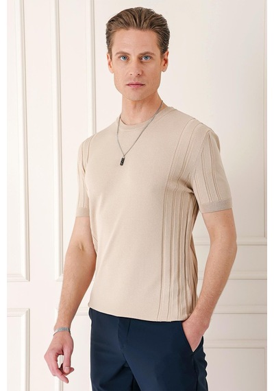 Efor Slim Fit Bisiklet Yaka Kısa Kol Bej Triko Tr 869 Bej