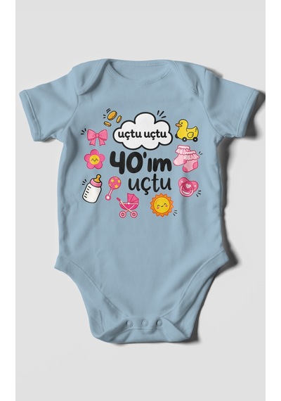 Morivokids Uçtu Uçtu 40'ım Uçtu Kısa Kollu Bebek Body %100 Pamuk Bebe Mavisi
