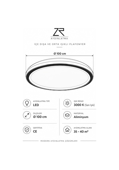 Antrasit Ø100 Çember Avize 3000K Sarı Işık Led Tavan Lambası