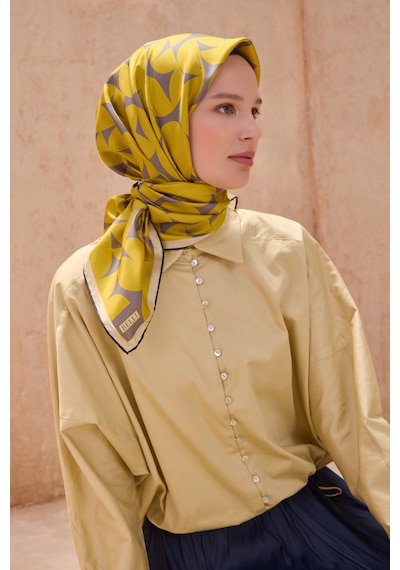 Belli Twill İpek Eşarp 4117-33 Sarı, Gri Gri-Sarı