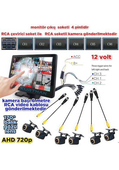 6 Ch 512 Gb 10 İnç Dokunmatik Usb Bsd Dvr Ekran 170'' Balık Gözü Ahd 720p Rca Kamera 12 Volt