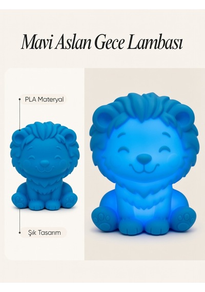 Aslan Modern Dekoratif Ev Hediyesi Tasarım Lamba - Aslan Figürlü Gece Lambası Mavi