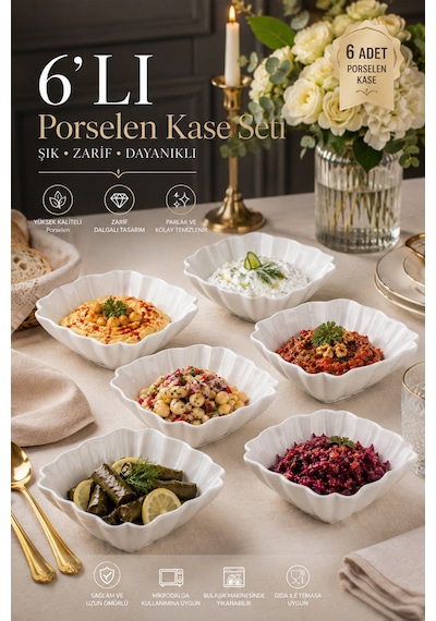 Porsima 6'lı Beyaz Porselen Kase Seti Çerez, Meze, Salata Ve Kahvaltılık Servis Kasesi 15cm