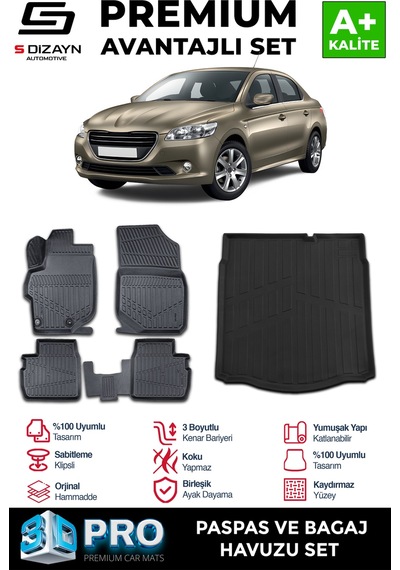 S-dizayn Peugeot 301 3d Pro Havuzlu Paspas Ve Bagaj Havuzu Seti 2'li Set 2013 Üzeri A+ Kalite