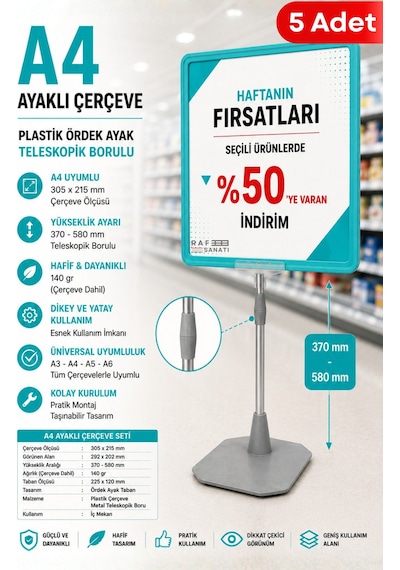 5 Adet - A4 Ayaklı Fiyat Etiketlik Teleskopik Borulu Çerçeve Etiketlik Yönlendirme Levhası Menü Panosu Turkuaz