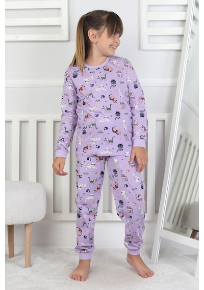 Uzun Kollu Cute Cat Desenli Kız Çocuk Pijama Takımı Mor