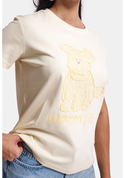 Kadın Bej Bol Kesim Köpüş Nakış Tasarım T-shirt Sarı