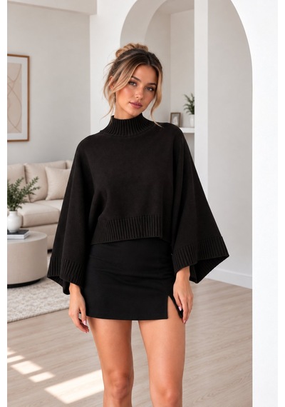Lima Siyah Kadın Yarım Balıkçı Yaka Yarasa Kol Oversize Crop Triko Kazak