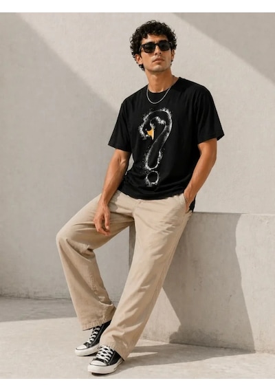 Modi Erkek Kuğu Figürlü Soru İşareti Baskılı Tişört Kısa Kol T-shirt Siyah