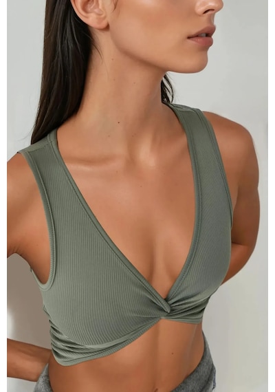 Hiccup Düz Renkli Fitilli Ön Kıvrık Crop Top Haki Yeşil