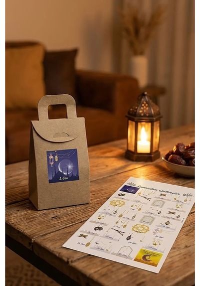 Ramazan Takvim Seti - 30 Günlük Advent Calendar Sticker - 30 Adet Kraft El Geçme Çanta - 10m Jüt İp