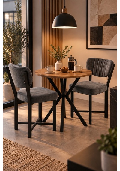 Sulorahome 70 Cm Yuvarlak Yemek Masası Ve 2 Adet Gri Sandalye Seti
