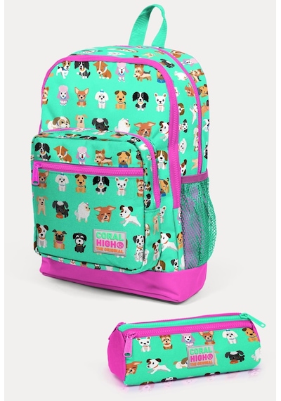 Coral High Kids Su Yeşili Neon Pembe Köpek Desenli 2'li Okul Çanta Seti Set0223465