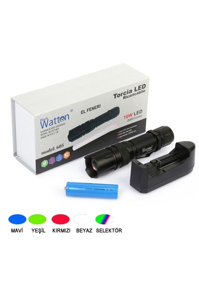 Watton Wt-605 10w 2000 Lümen 4 Renk Güçlü El Feneri Siyah
