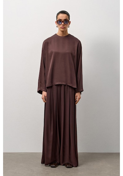 Molene Kahverengi Dökümlü Geniş Kol Bluz