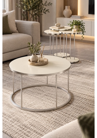Sulorahome Gümüş Metal Ayaklı Krem Renkli 4'lü Sehpa Seti