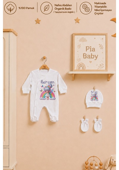 Pia Baby İsme Özel %100 Pamuk Kız Bebek Yastık Battaniyeli Tulum Set Kese Hediyeli 1084tybkyx Krem