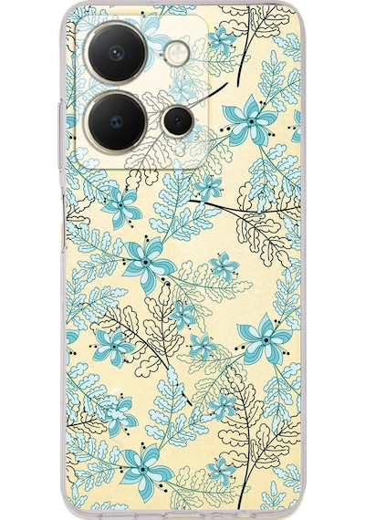Vivo Y36 Uyumlu Kamera Korumalı Floral Su Yeşili Tasarımlı Şeffaf Silikon Kılıf