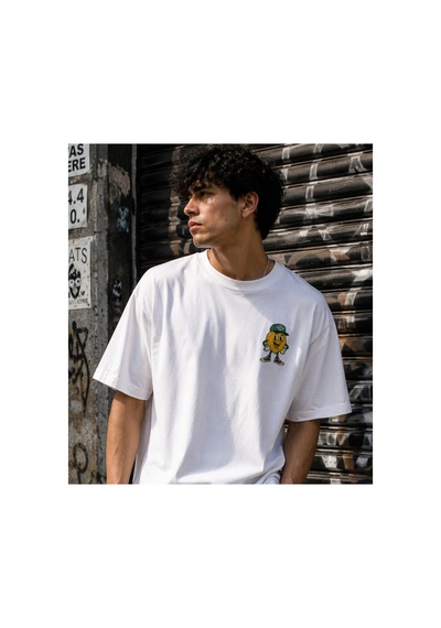 Qmen Style Unisex Beyaz Oversize Baskılı T-shirt Limon %100 Pamuk