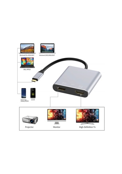 Type-c To 2x Hdmı 1x Usb 3.0 1x Type C Şarj 4 İn 1 Çevirici