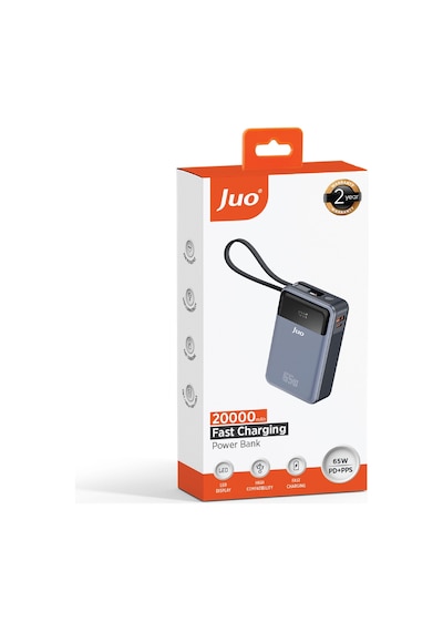 Juo JLP265 20000 Mah 65w Led Ekranlı Usb-a + Type-c Kablolu Taşınabilir Hızlı Şarj Cihazı Powerbank Gri
