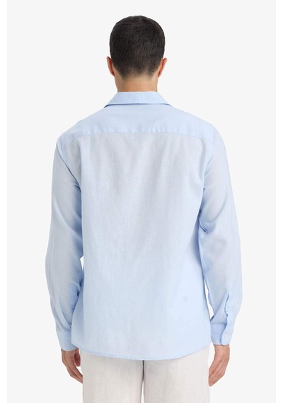 Defacto Regular Fit Polo Yaka Keten Karışımlı Yazlık Uzun Kollu Gömlek E0518ax25smbe656 Mavi