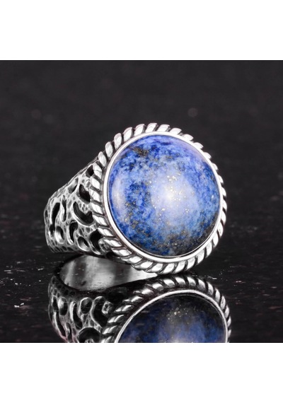Gerçek Doğal Taş Yüzük - 925 Ayar Katı Gümüş Erkek Yüzüğü Lapis Lazuli İle Gümüş