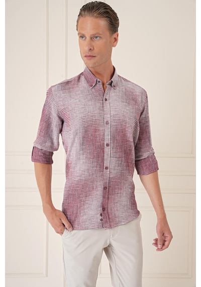 Efor Comfort Fit Batik Desen %100 Keten Bordo Gömlek G 1571 Bordo