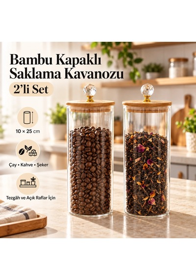 Şık Tasarımlı Bambu Kapaklı Saklama Kavanozu 2 Li Set Çok Renkli