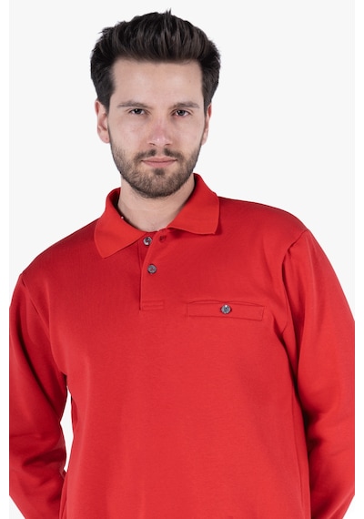 3 İplik Polo Yaka Fleto Cepli Sweatshirt Kırmızı