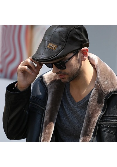 Erkek Suni Deri Gözlük Şapkası Kare Dikiş Detaylı Ayarlanabilir Flat Cap 3 Renk Siyah