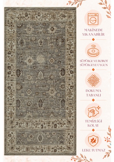 Vivanni Home Ashlynn Polyester Vintage Halı Pamuk Atkı Tabanlı Modern Dokuma Ev Halısı Gri
