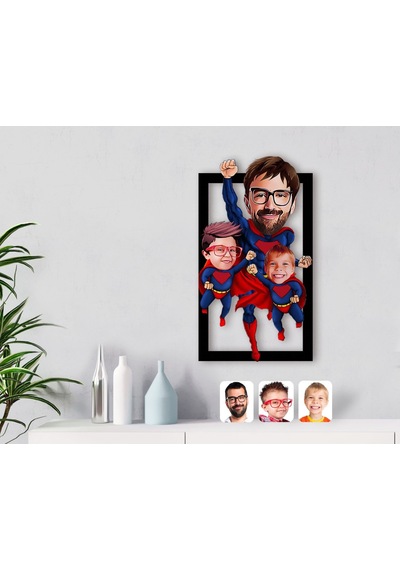 Kişiye Özel Süper Baba 2 Çocuk Karikatürlü 3D Ahşap Tablo-1