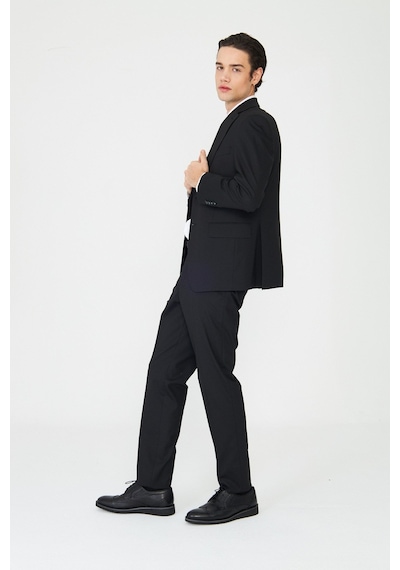 Siyah Modern Slim Fit Dokulu Kumaş Klasik Yaka Takım Elbise Siyah