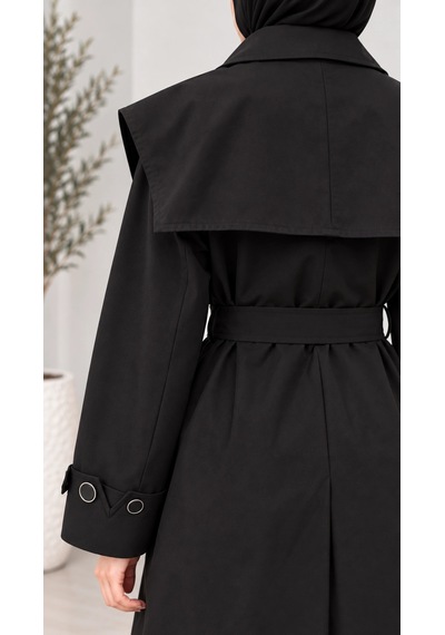 Nevayla Moda Kuşaklı Düğmeli Mevsimlik Trençkot - Siyah / M0118