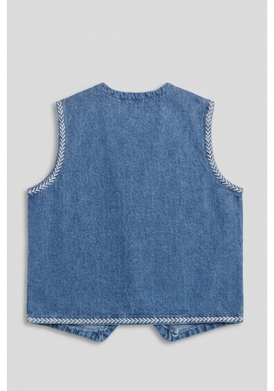 Saade Sââde Kadın V Yaka Çiçek Nakışlı Düğmeli Denim Yelek Mavi