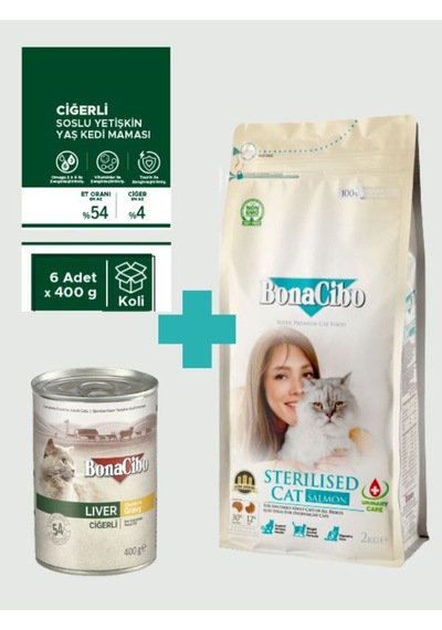 Bonacibo Sterilised Somonlu Kedi Maması 2 Kg & Soslu Ciğerli Yaş Mama Seti 6x400 Gr