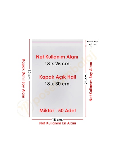 18x25+5 Cm. 18x30 50 Adet Şeffaf Bantlı Yapışkanlı Jelatin Poşet
