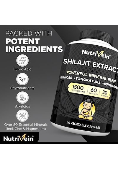 Nutrivein Premium Himalayan Shilajit With Irish Sea Moss Tongkat Ali Ashwa/gandha 1500 Mg - 60 Caps