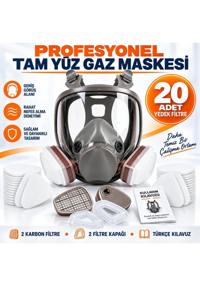 Valkyrie Profesyonel Tam Yüz Gaz Maskesi Çift Filtreli 20 Yedek Filtreli Ayarlanabilir Koruyucu Maske