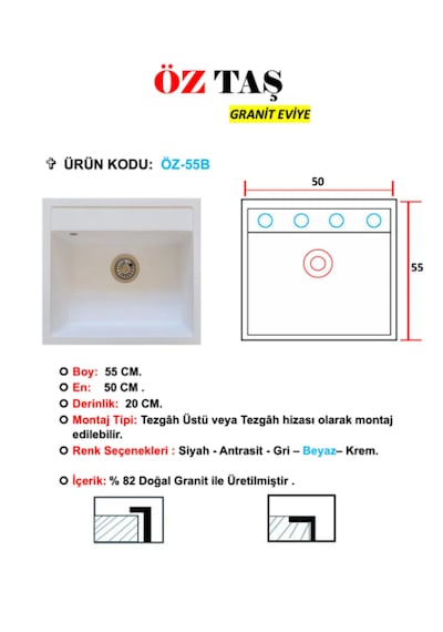 Öztaş ÖZ-55b Granit Mutfak Eviye Tek Gözlü 50 x 55 CM