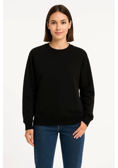 Üç İplik Düz Bisiklet Yaka Sweatshirt - Siyah Siyah