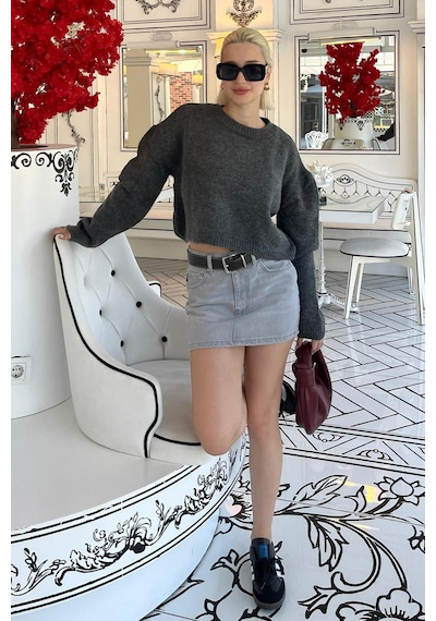 Madmext Antrasit Bisiklet Yaka Crop Kadın Kazak Mg2166 Antrasit
