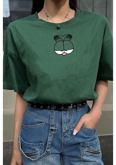 Unisex Garfield Baskılı T-shirt Yeşil
