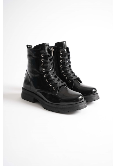 Analin Shoes Kadın Hakiki Deri Bağcıklı Fermuarlı Rahat Postal Bot Siyah Rugan