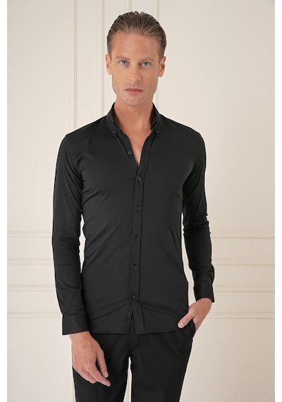 Efor Slim Fit Düğmeli Yaka Esnek Pamuk Klasik Siyah Gömlek Gk 727 Siyah